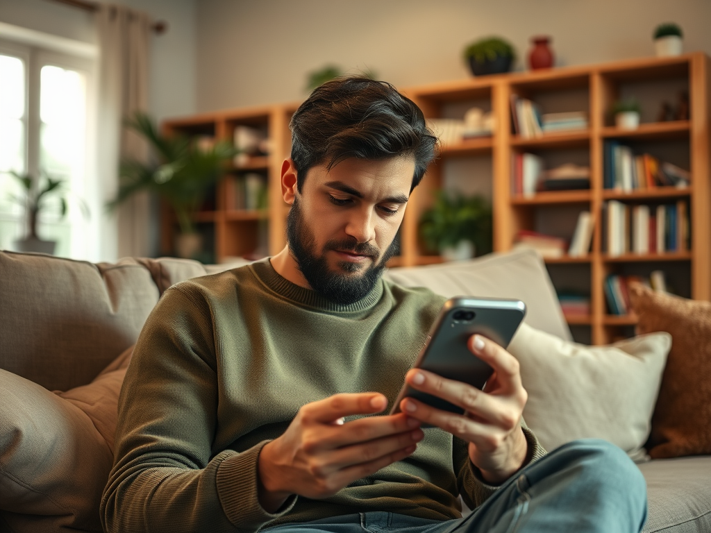 A young man sits on a couch, focused on his smartphone, surrounded by a cozy living space with bookshelves.