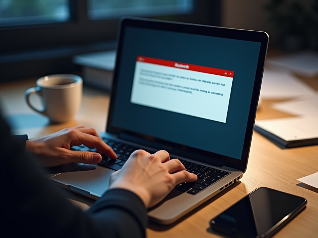 Person typing on a laptop displaying an error message with a coffee cup and smartphone nearby.