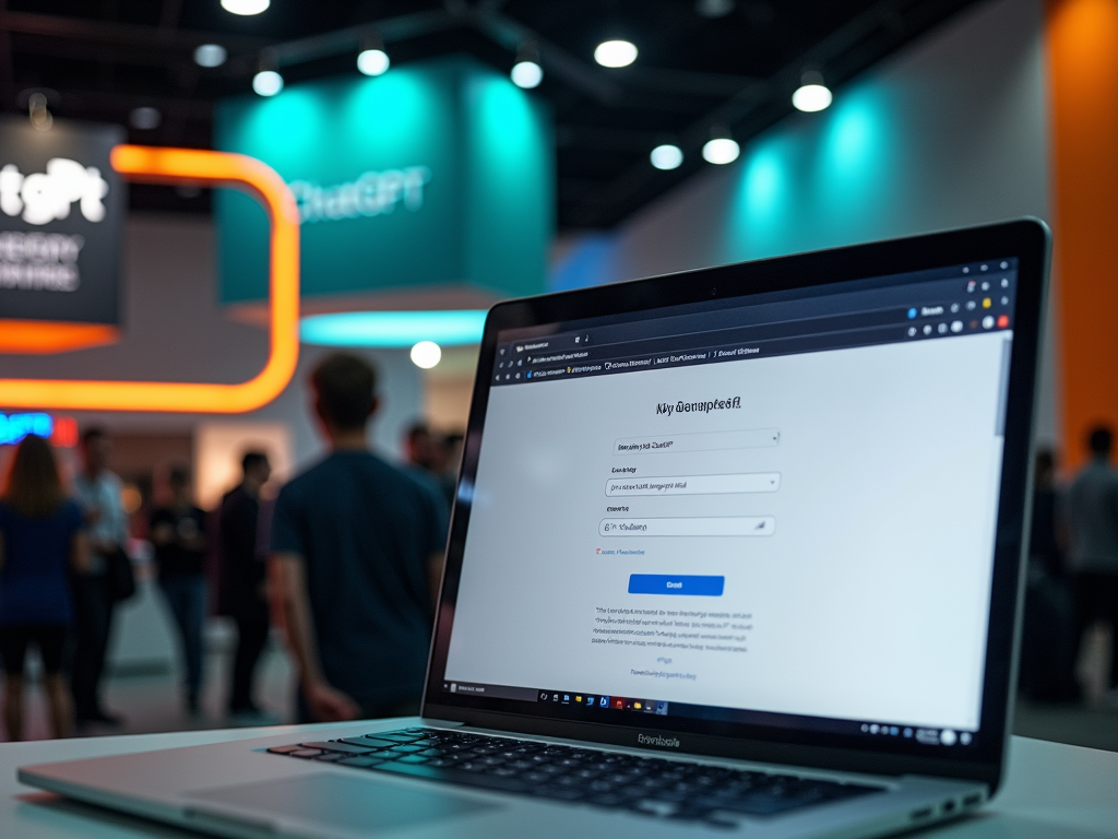 Laptop display showing a login screen at a tech conference booth with blurred people and banners in the background.