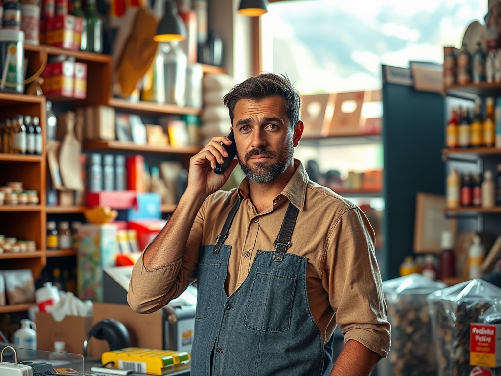 A man in an apron stands in a shop, talking on his phone, surrounded by shelves of various products.