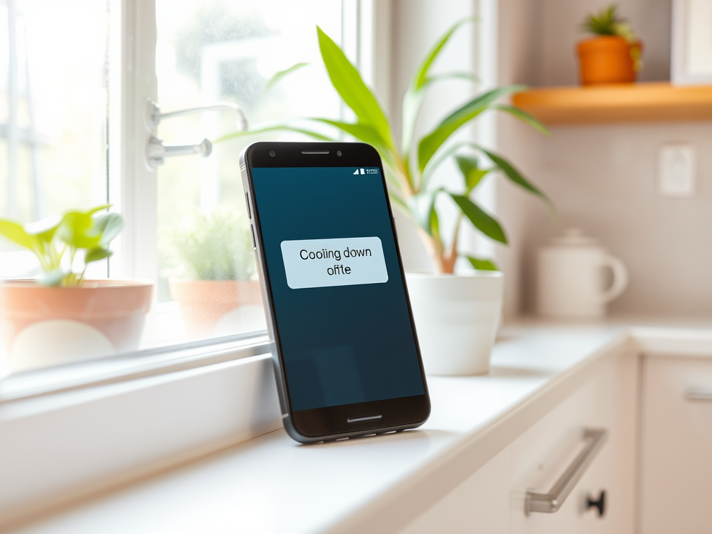 A smartphone on a windowsill displays a message: "Cooling down" with green plants in the background.