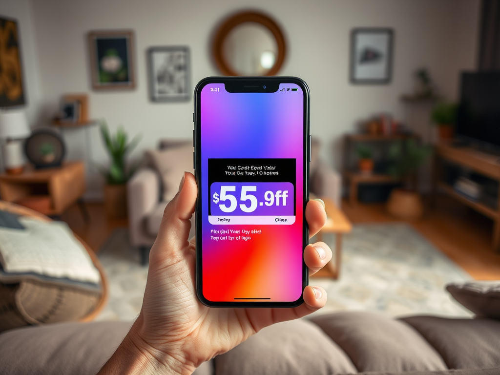 A person holds a smartphone displaying a colorful screen with a discount offer of $55 off.