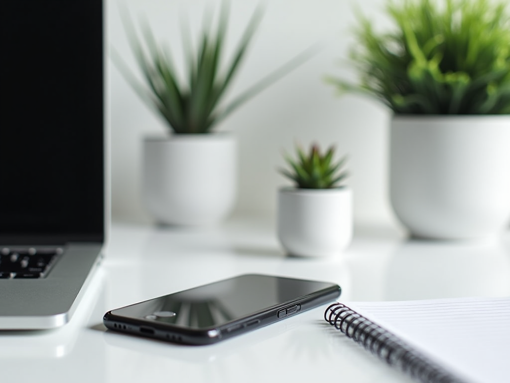 Modern workspace with laptop, smartphone, notebook, and potted plants on white desk.