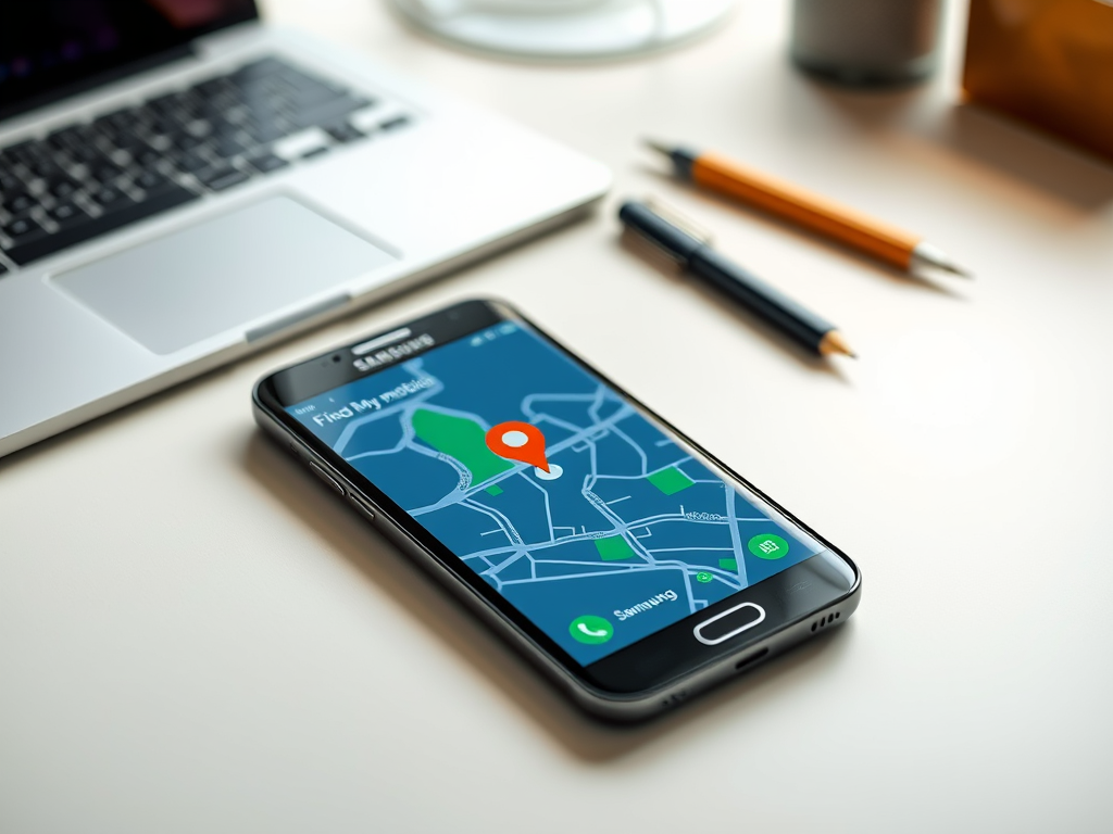 A smartphone displaying a map with a location marker, placed next to a laptop and pens on a desk.