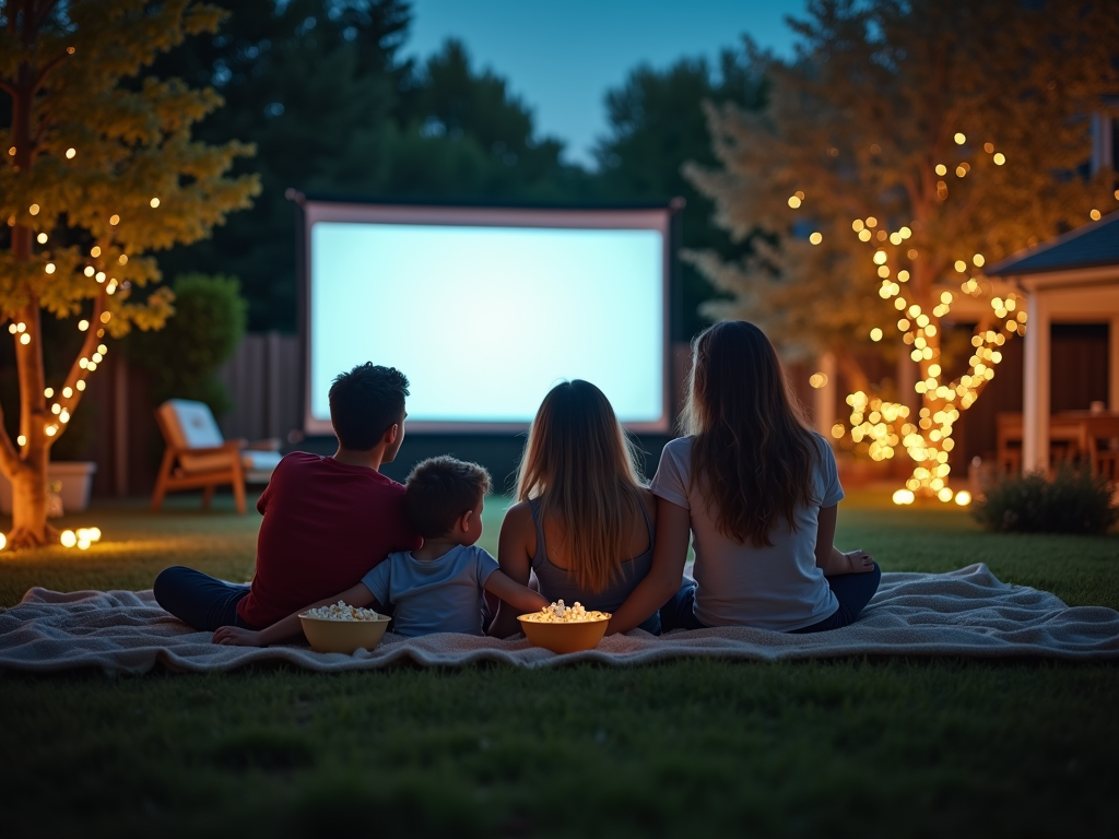 Family enjoying an outdoor movie night in their backyard with twinkling lights.