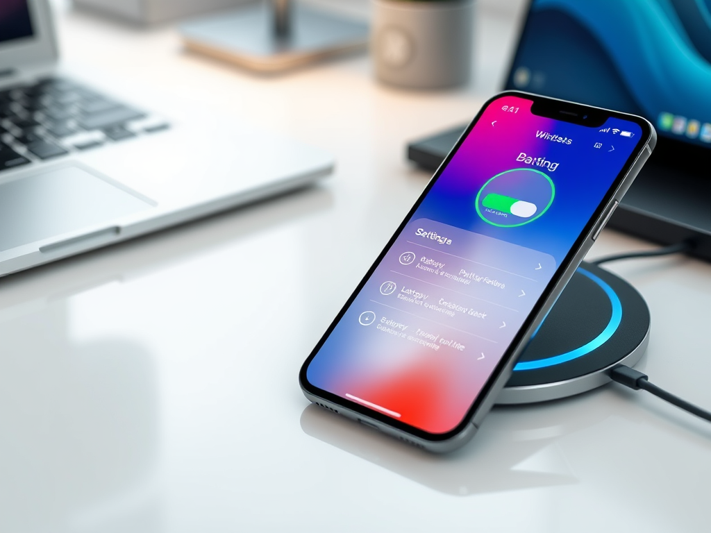 A smartphone displaying a battery settings screen, placed on a wireless charger next to a laptop.