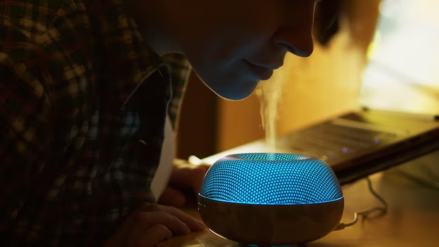   Close-up of ultrasonic humidifier's vibrating plate producing mist from water
