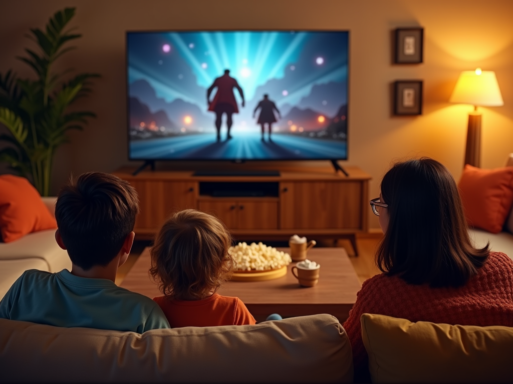 Family watches a movie at home, silhouetted superheroes on screen, cozy living room at night.