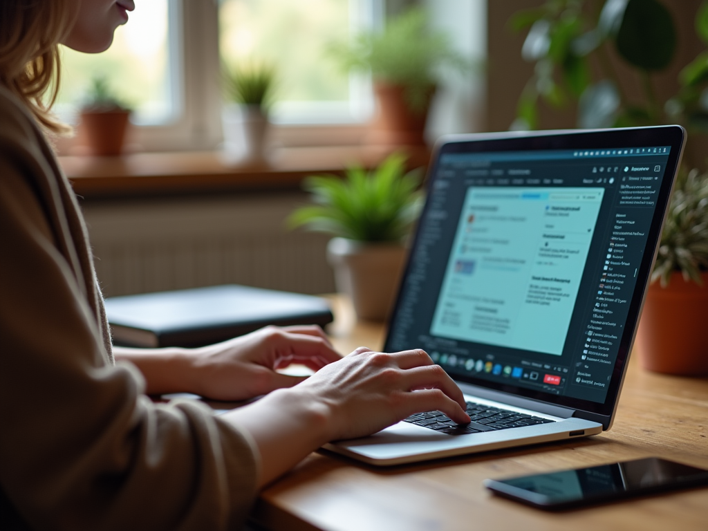 Woman working on a laptop with business software, seated at a wooden desk with plants in the background.