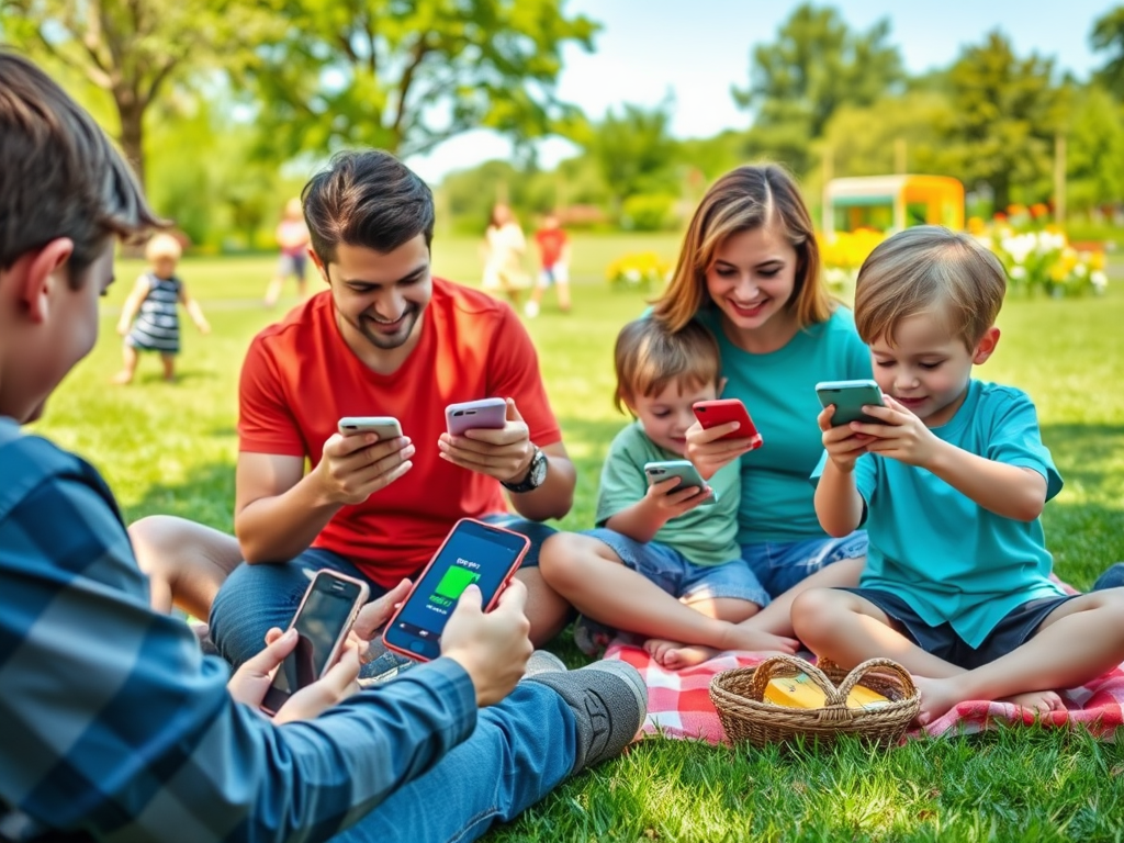 A family enjoys a sunny day in the park, all focused on their smartphones while sitting on a picnic blanket.