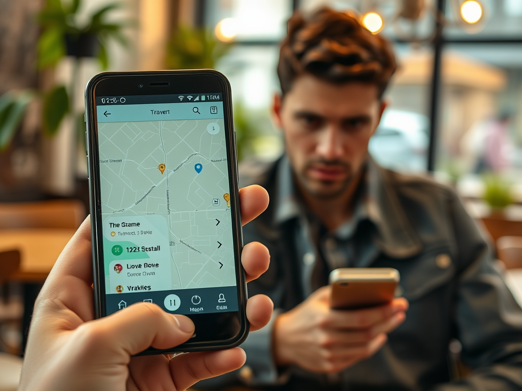 A person holds a smartphone displaying a map app while another man looks at his phone in a café setting.