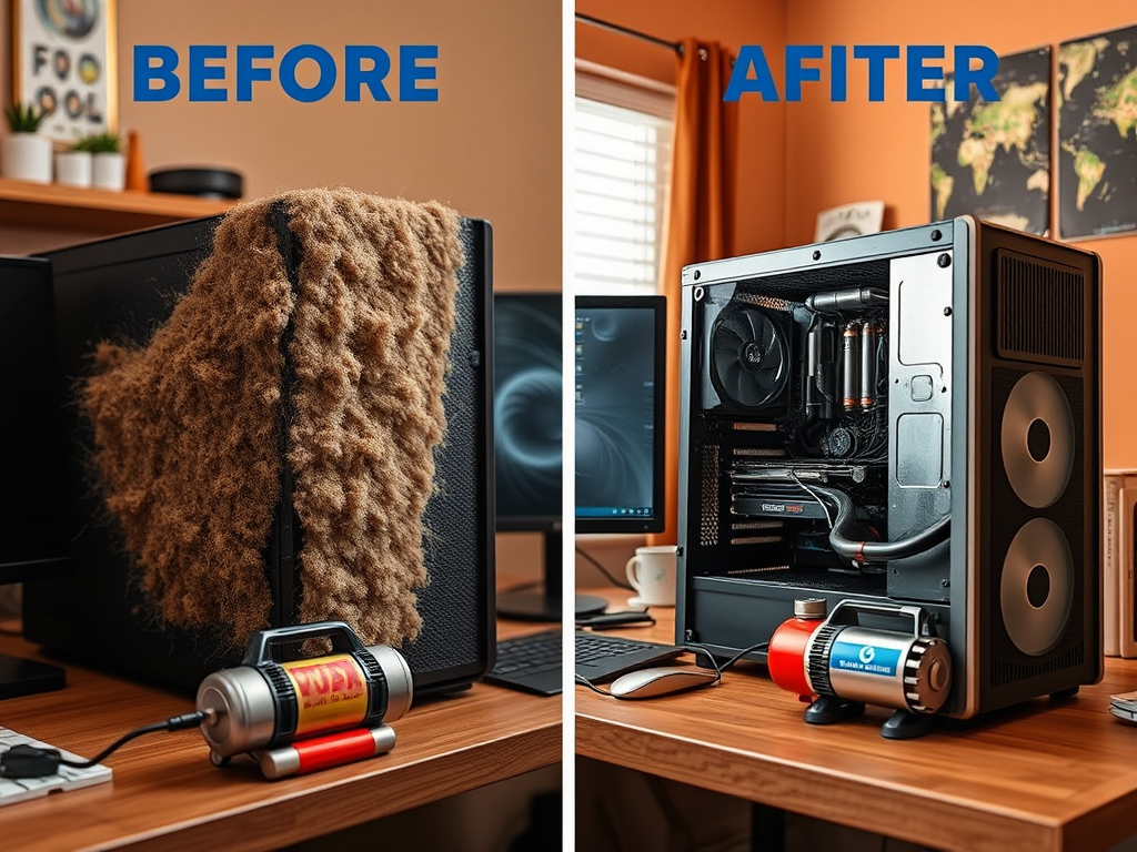 Image shows a PC before and after cleaning. Left: dusty exterior; Right: clean interior with components visible.