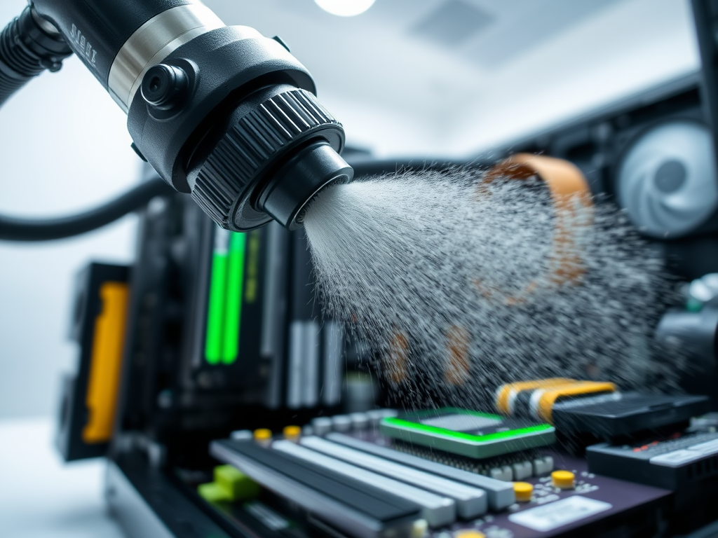 A close-up of a spray nozzle cleaning a computer motherboard with fine mist in a tech environment.