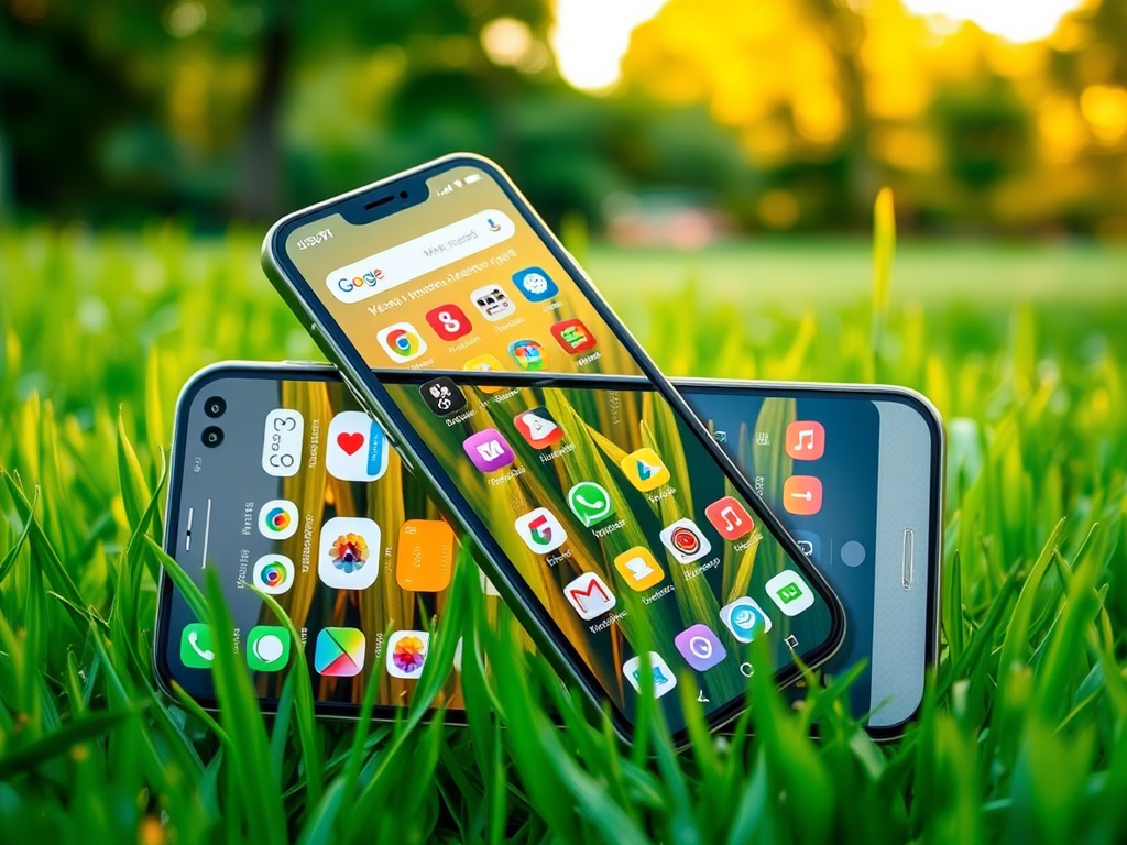 Three smartphones with colorful screens are leaning against each other, placed on vibrant green grass.