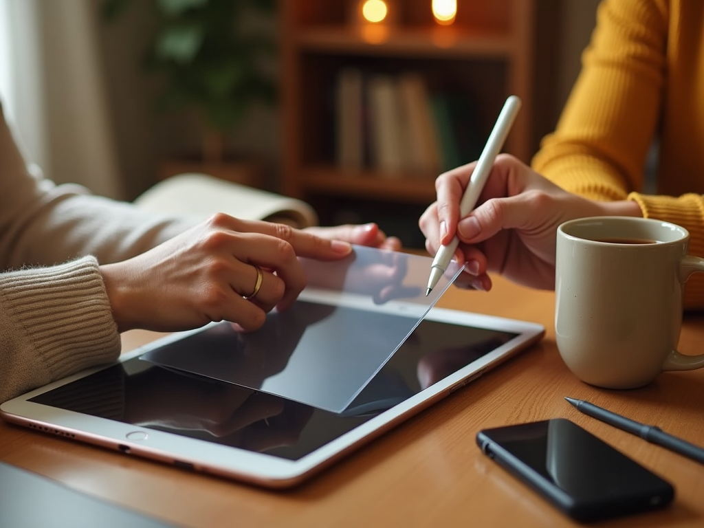 Two people collaborating over a digital tablet with a stylus on a wooden table, a coffee mug nearby.