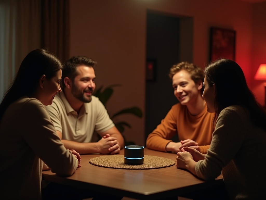 Four friends gather around a smart speaker on a table in a warmly lit room, smiling and engaging in conversation.