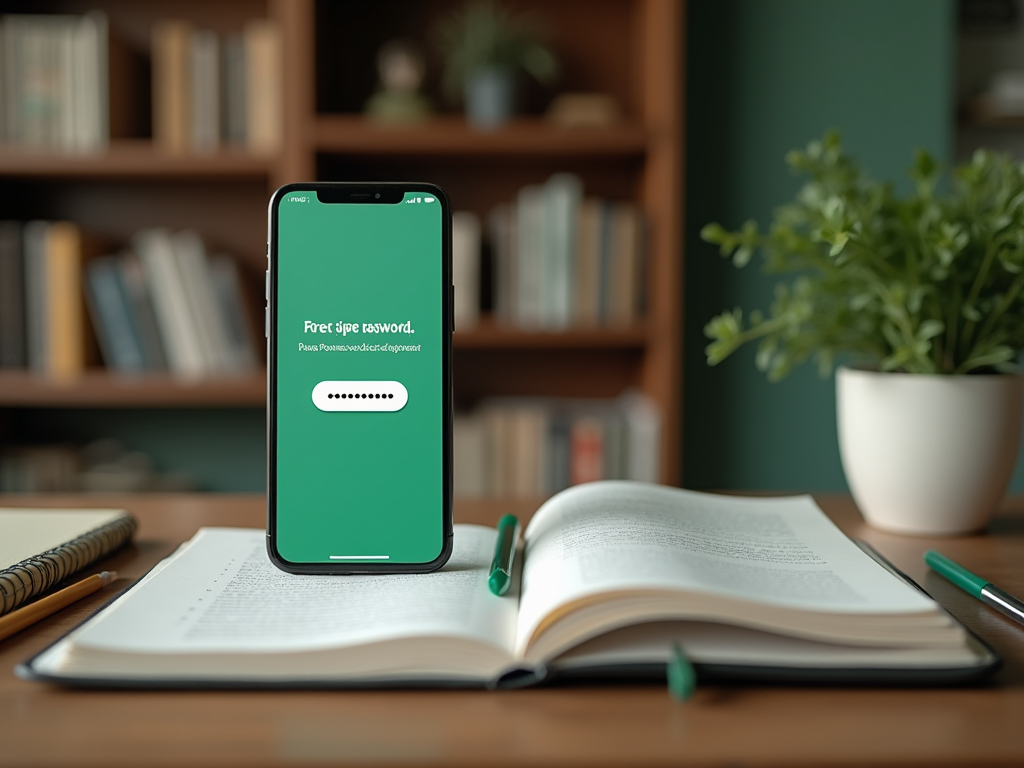 Smartphone on desk displaying password prompt; book, pen, and plant in background.