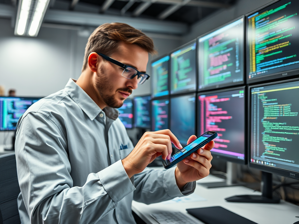 A focused man in a light blue shirt uses a smartphone, surrounded by multiple computer screens displaying code.