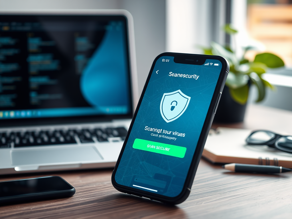 A smartphone displaying a security app interface with a "Scan your virus" option, next to a laptop and plants.