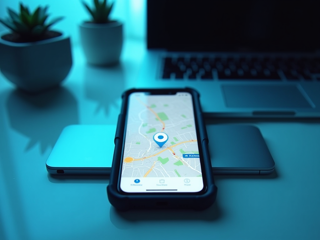 Smartphone displaying a map on screen with location pin, near a laptop and small potted plants on blue desk.