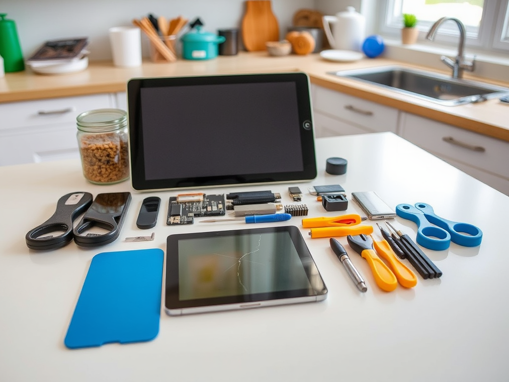 A collection of repair tools, including scissors, screwdrivers, and tablets, arranged on a kitchen counter.