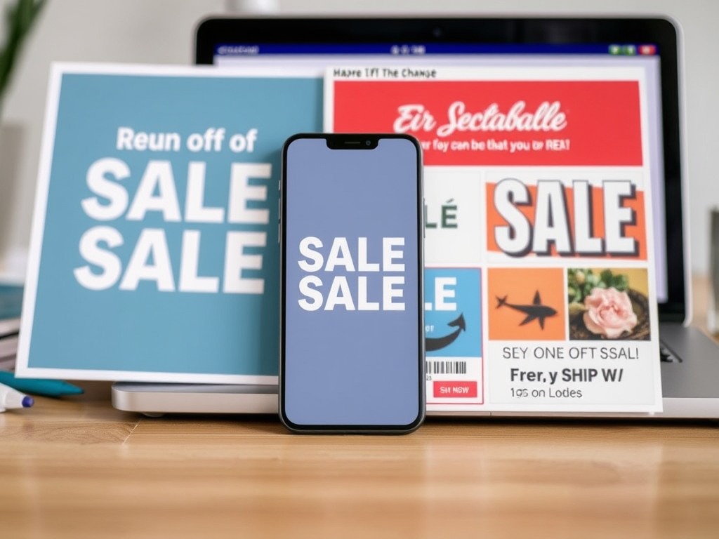 A smartphone displaying "SALE SALE" with promotional signs in the background announcing various sales.