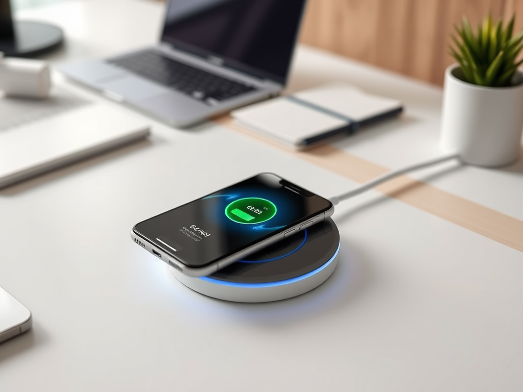 A smartphone charging on a wireless pad next to a laptop and a small plant on a clean desk.