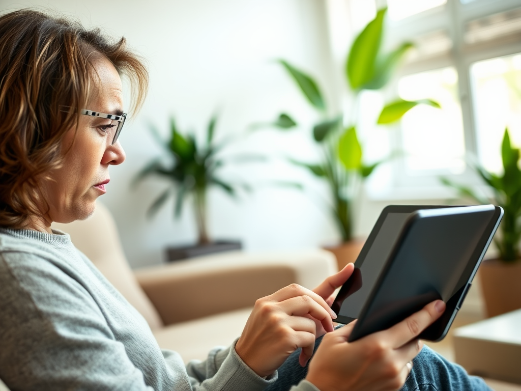 A woman sits in a cozy room, focused on her tablet, with plants and a sofa in the background.