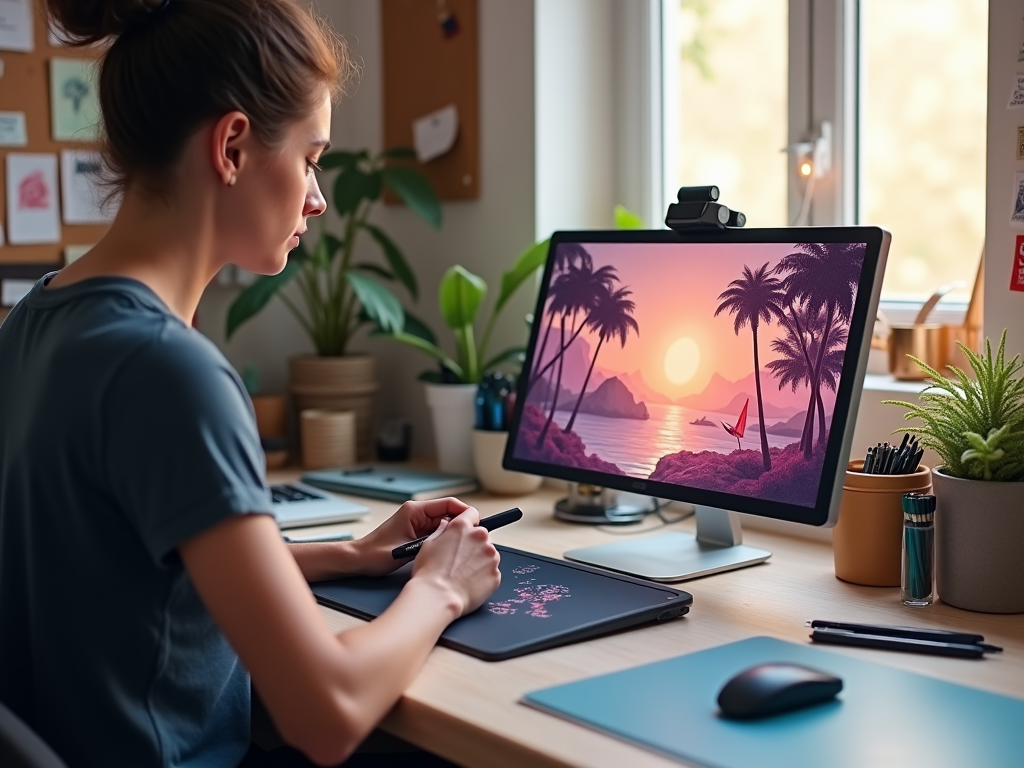 Woman digitally drawing a tropical sunset scene on a graphic tablet at her desk.