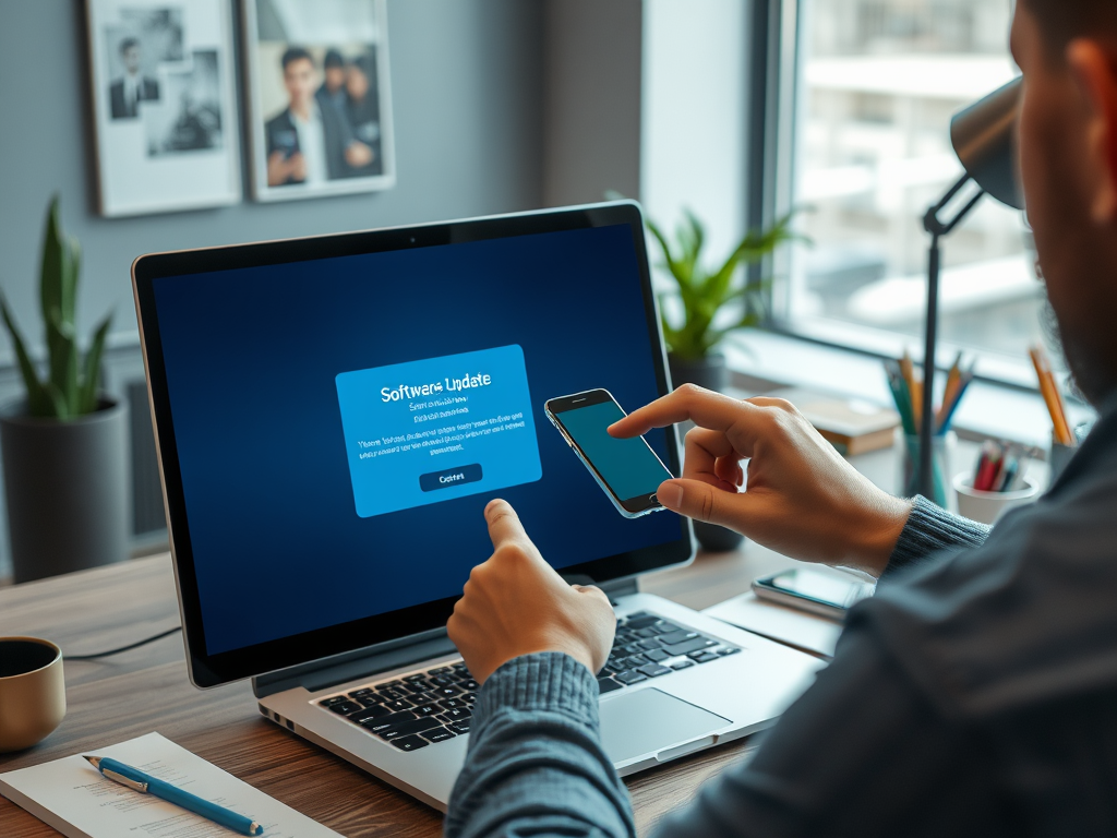 A person is interacting with a laptop displaying a software update message while pointing at a smartphone.