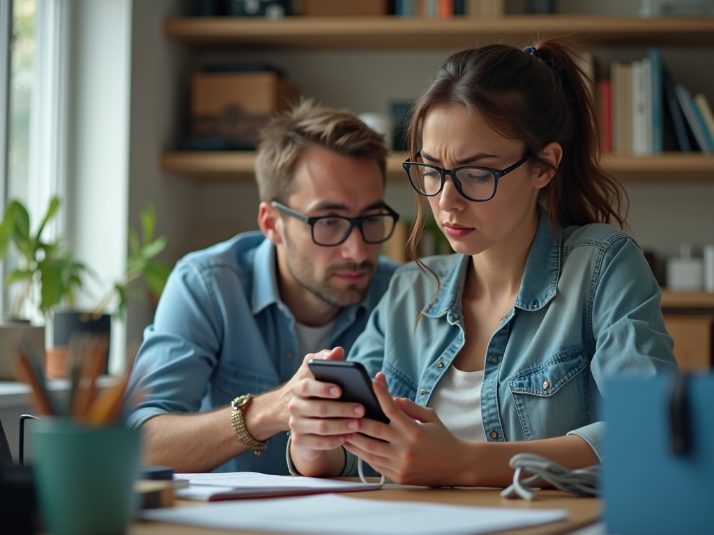 Two young adults examine a smartphone together at a cluttered desk with books and a plant in the background.