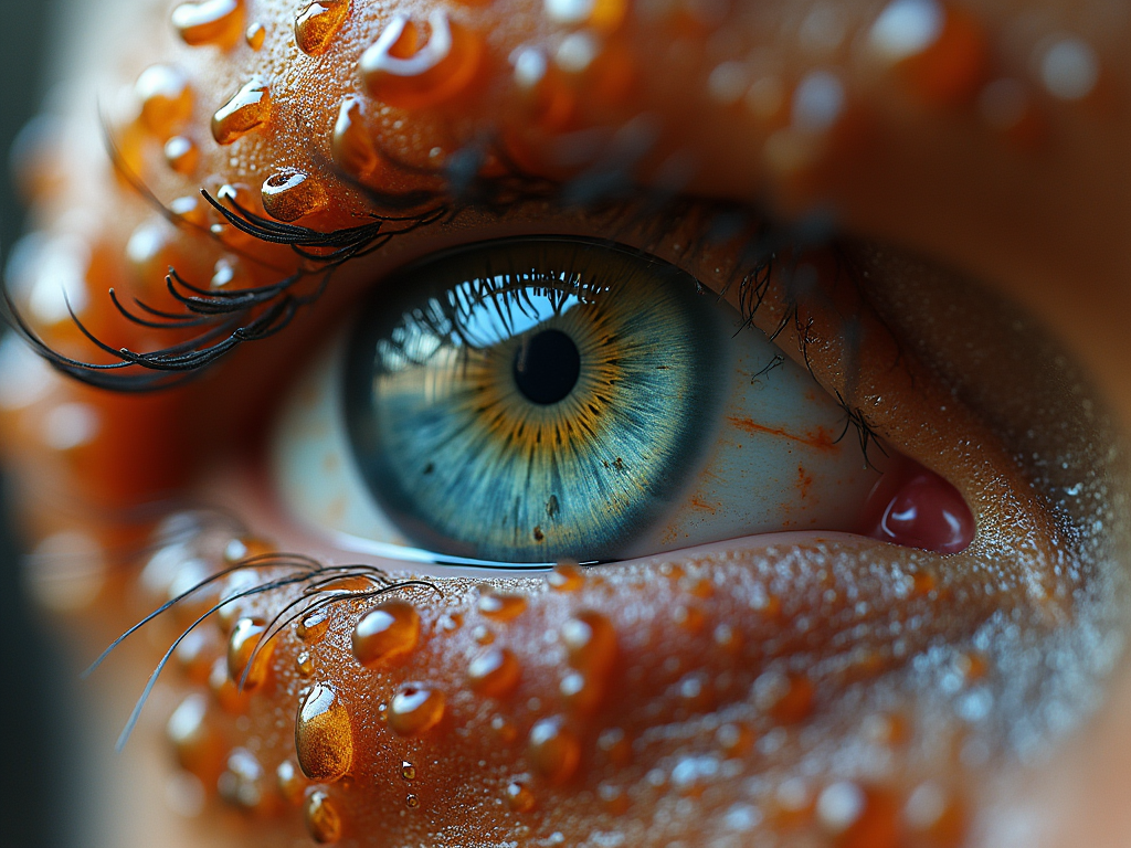 Close-up of a human eye with a blue iris, surrounded by water droplets on orange makeup.