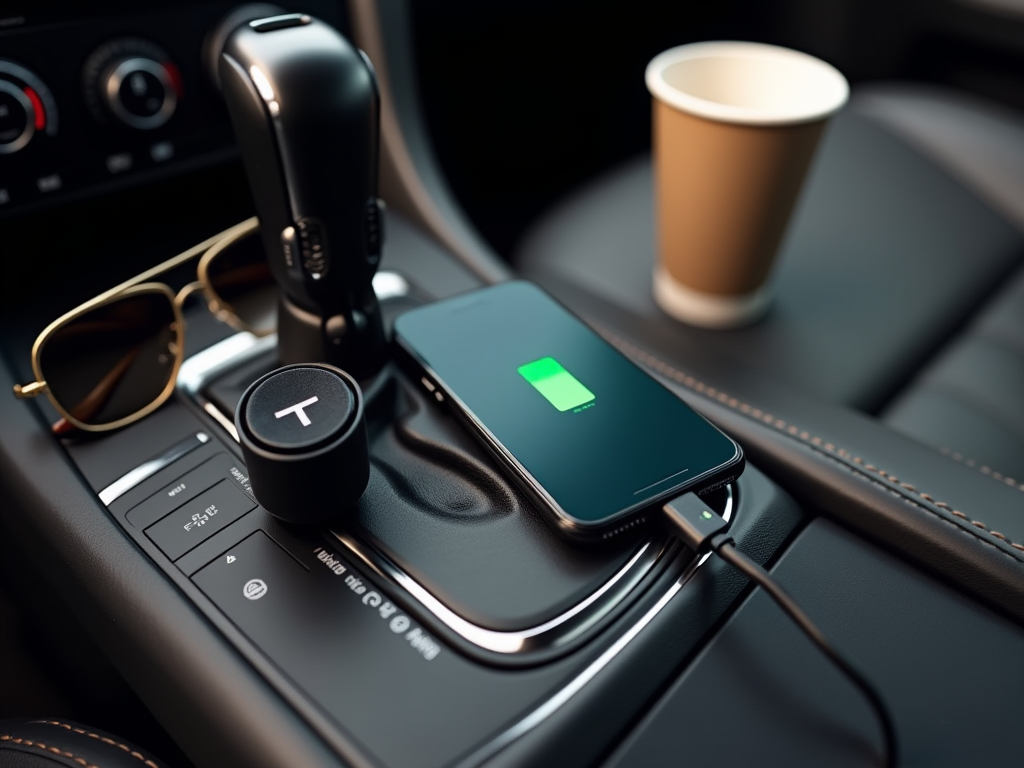 Smartphone charging in car with coffee cup and sunglasses nearby.