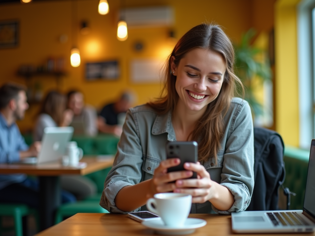 Young woman smiling at phone in a busy cafe with a laptop and coffee on the table.