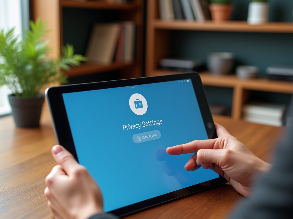 Person adjusting privacy settings on a tablet with a bookshelf in the background.