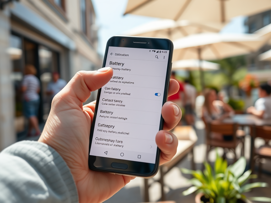 A person holds a smartphone displaying battery settings in a café with outdoor seating and people in the background.