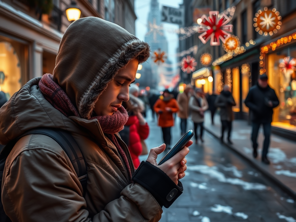 A person in a hooded jacket and scarf checks their phone on a busy, decorated city street during winter.