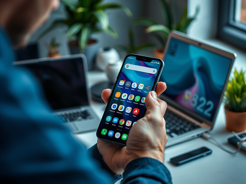 A person holding a smartphone with various app icons, seated at a desk with laptops and plants in the background.