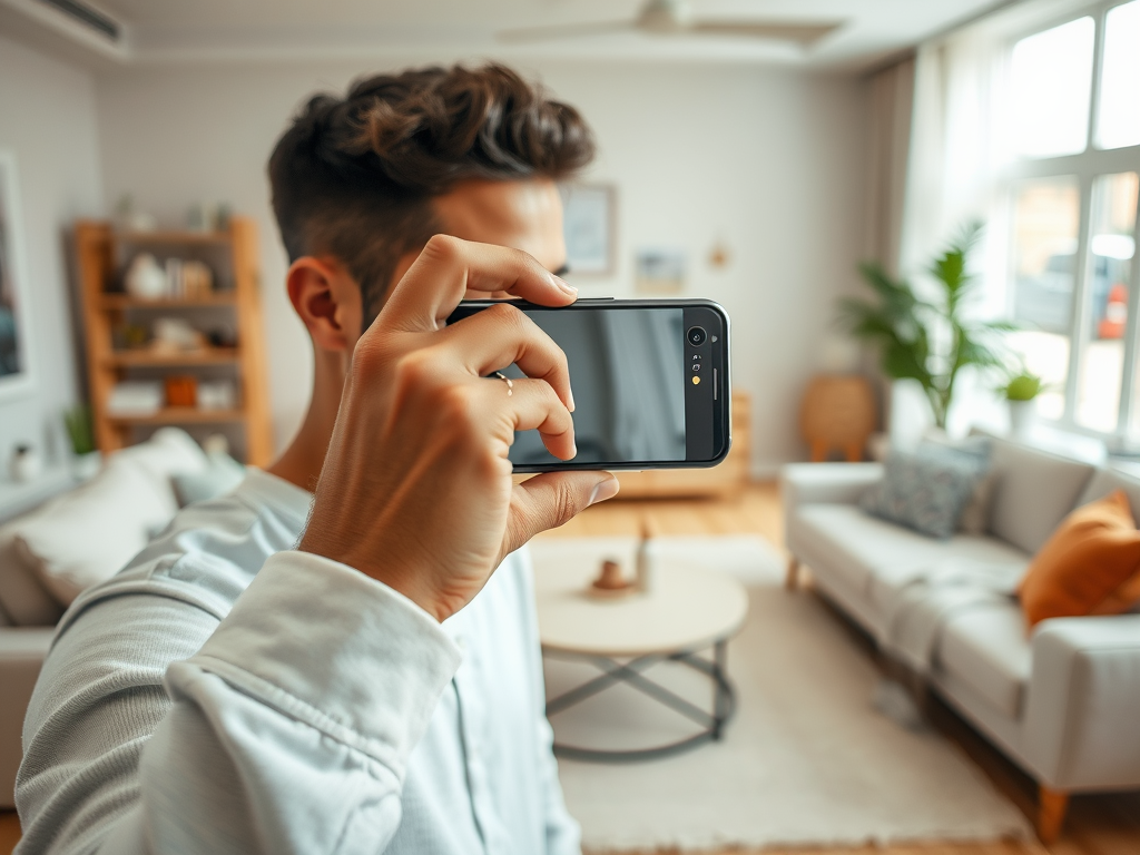 A person takes a selfie with their phone in a cozy living room with modern decor and furniture.