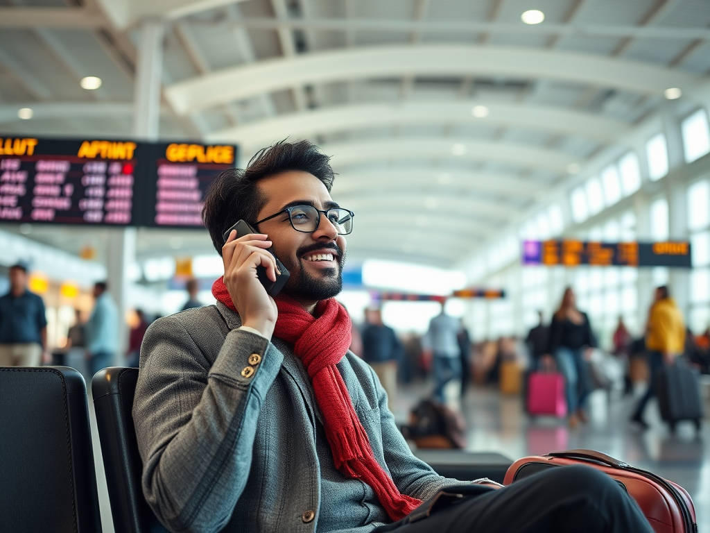 A smiling man in a gray jacket and red scarf talks on the phone in a busy airport terminal.