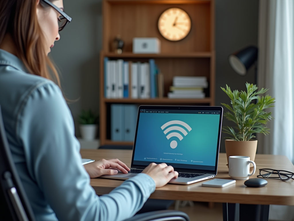 Woman works on laptop displaying a Wi-Fi symbol, in a cozy home office setup.