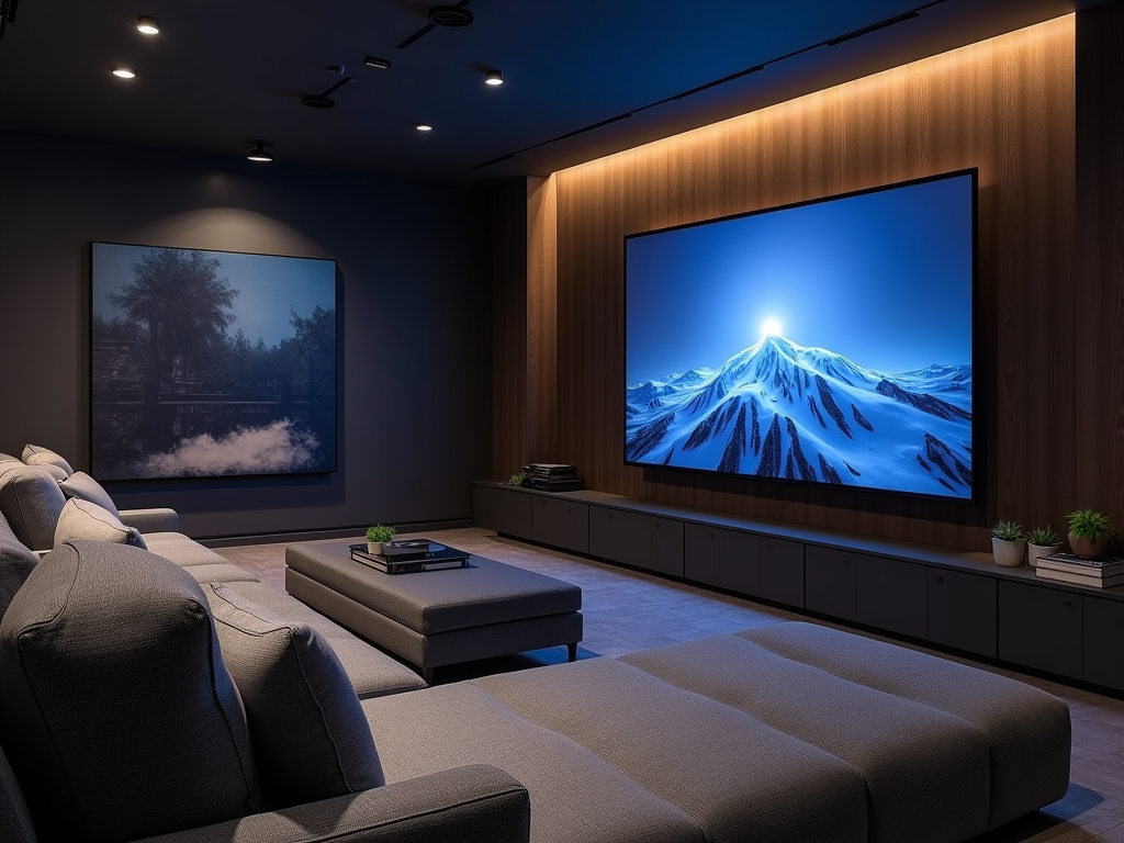 Modern home theater room with large screen displaying a snowy mountain peak, surrounded by ambient lit wooden panels.