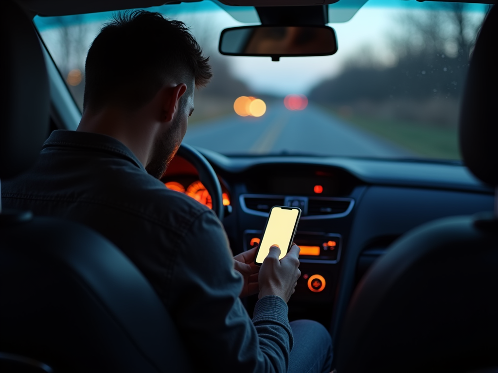 Man driving at dusk looking at his smartphone, dashboard lit up, road ahead blurry.