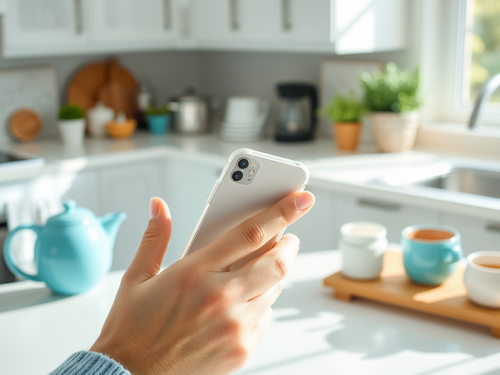 A hand holding a smartphone in a bright kitchen with a teapot and colorful cups on the counter.