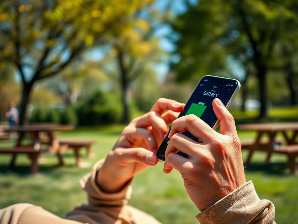 A person holding a smartphone displaying a battery icon in a park with picnic tables and trees in the background.