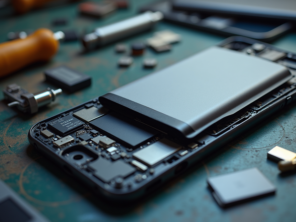 Disassembled smartphone with internal components and tools visible on a desk.