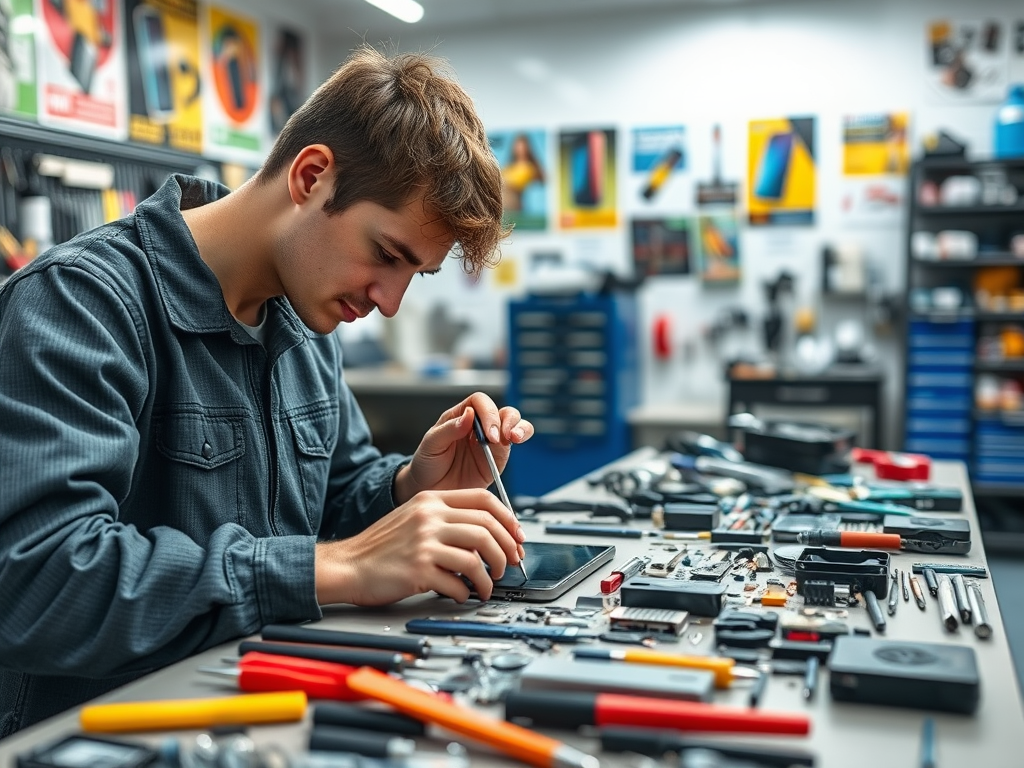 A young man focuses intently on repairing a device in a workshop filled with various tools and equipment.