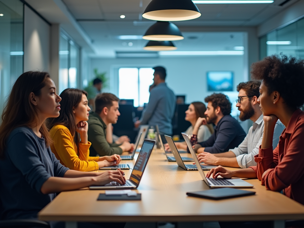 Diverse group of professionals working attentively in a modern office setting.