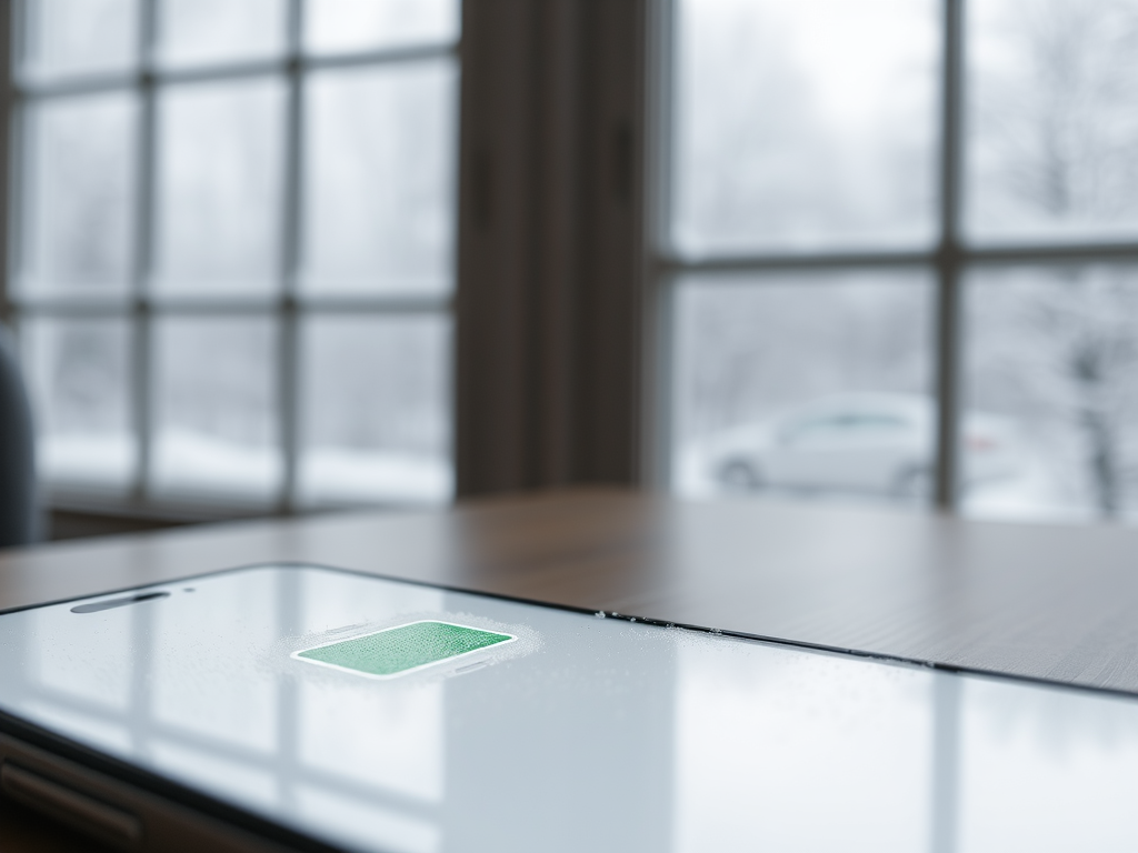 A smartphone is on a table, showing a fingerprint sensor, with a snowy scene visible through the window behind it.