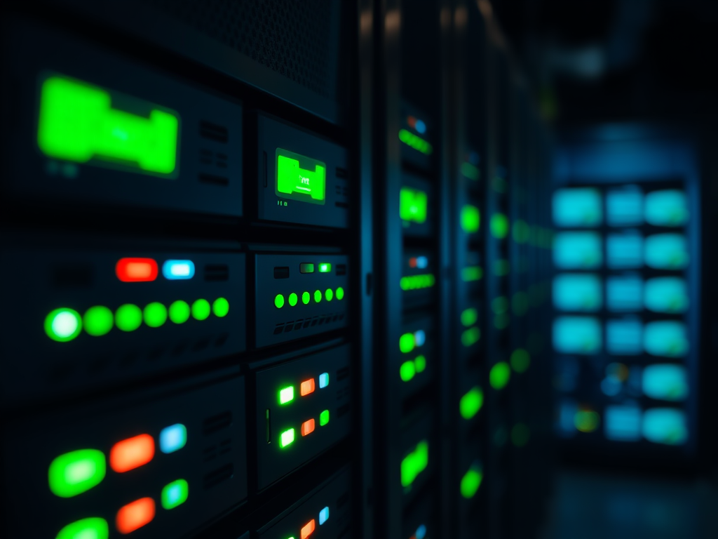 A close-up of server racks with illuminated buttons and screens in a dark environment, showcasing a tech setup.